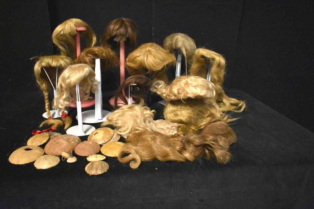 Vintage Doll Wigs, w/two cork pates: Vintage Wigs all kinds and styles, together with pates, two are cork…..interesting for doll dealers