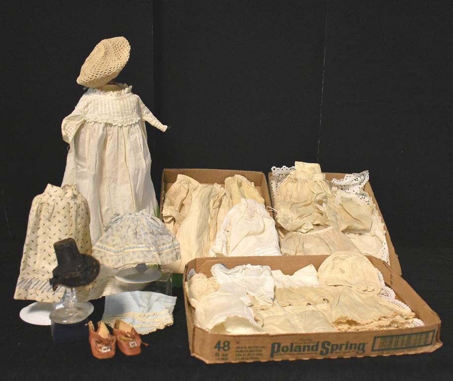 Vintage Victorian Doll Clothing w/Pilgrim Hat: Very Early Pilgrim hat 2 3/4" hand stitched, together with lovely early pattern skirt and small dress, large dress on form is lovely but there is a tear in the back of the dress, nicked Crochet Tam, a