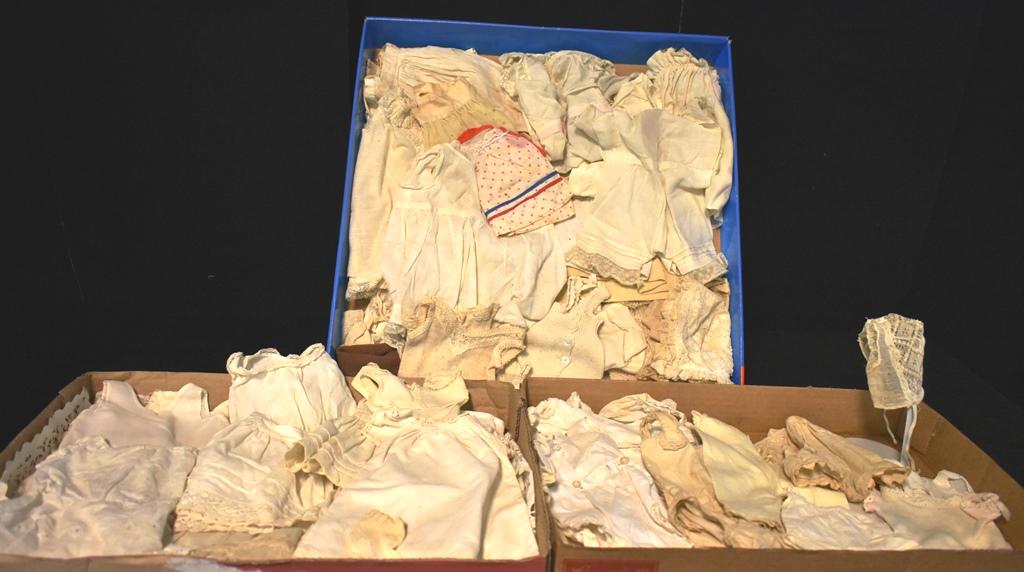 Vintage Victorian Doll Clothing: Three flats of vintage white Victorian Doll Clothing all kinds and sizes. Great lot