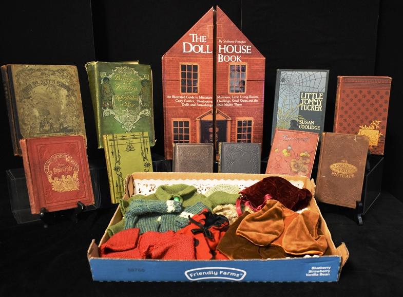 Vintage Books, and vintage clothing: The Full Hour Book,, other vintage books together with colorful doll clothing , velvet tops etc. , Velvet Bonnet.