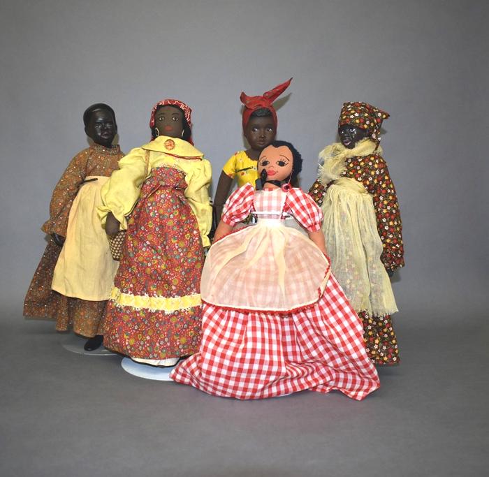 Five Black Dolls Three Bisque and Two Rag: Five Black Dolls, three contemporary porcelain and two vintage rag dolls, 14 to 16"