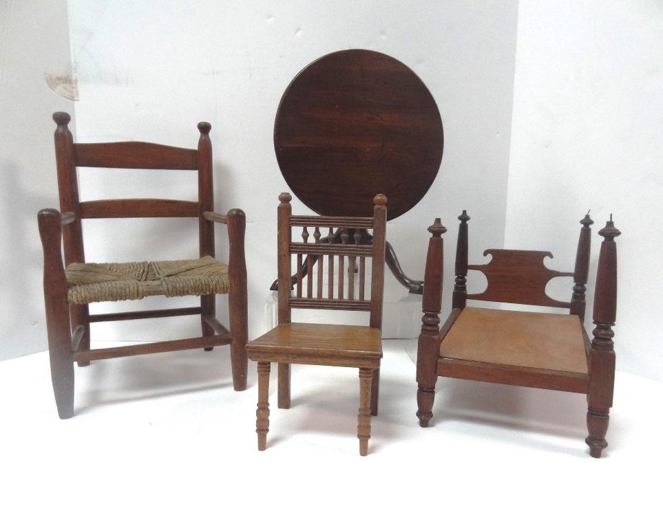 Antique 19th Century Furniture: Poster Bed, 9"L 8"T 6"w, Ladder Back Childs Chair, 12"T 8"w 7"d, Oak Barrstool Back 9"t, 5"w 4"d,Queen Ann Tilt Table Tea Table 11"t 8"dia 8"w