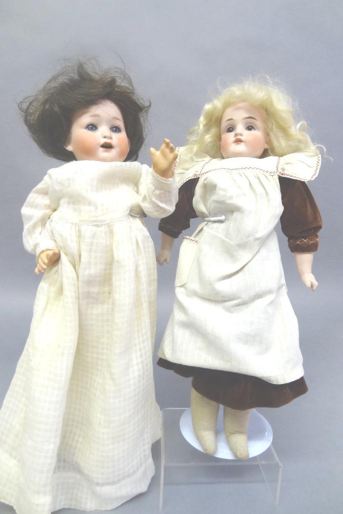Two Bisque Dolls: Kestner #154 16" redressed body, bisque arms, gusseted body, cloth legs & feet, appears eyes fixed clouded, head has cement around head, wig new, Heubach Kupplesdorf 1.3" open/close eyes, composition 