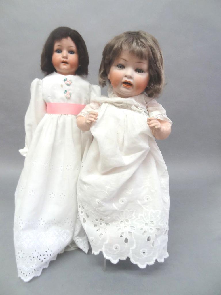 Two Bisque Dolls: #152 Kestner 17" character face one finger missing, open/close eyes, redressed toddler style body, open mouth, new wig, glued head seem good, beautiful face, Heubach 20" tall #275 gusseted legs one ha