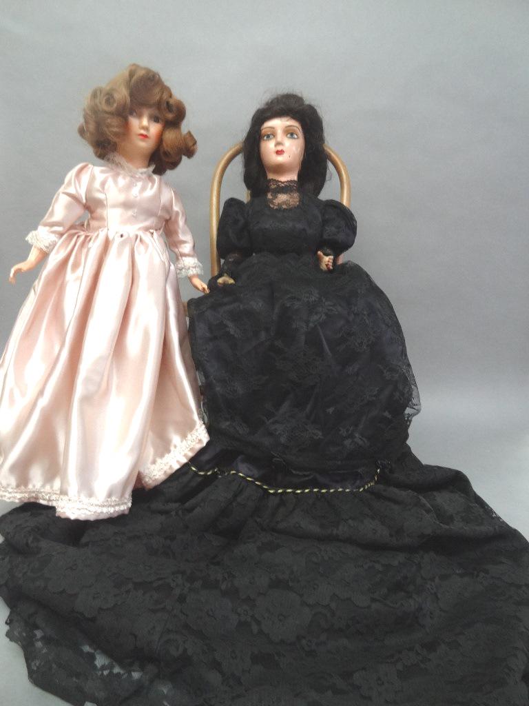 Two Bed Dolls: Two bed dolls, redressed, 24" & 27", bodies good, block wig over or hair shows girls chair 24" (T)