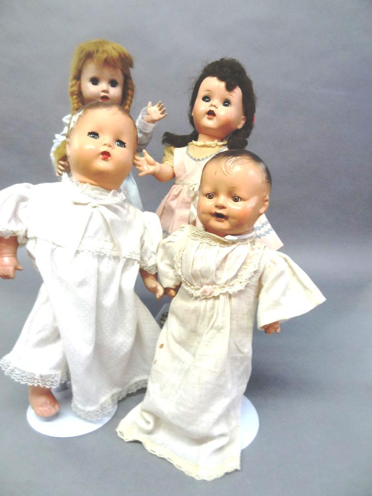 Two Composition and Two Hard Plastic Doll: 27", 16", 14", 12", one Ideal, One Horseman & 2 unmarked composition bodies good, 3 open/close eyes, one original dress, others redressed, good bodies, new shoes, 2 painted hair, 2 original hair, nice