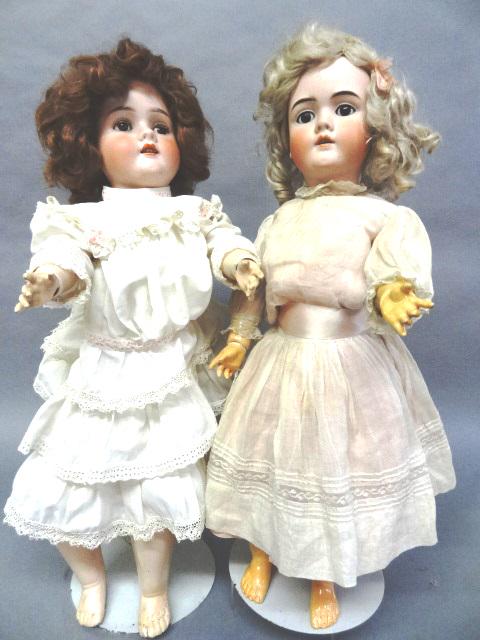 Kley & Hahn Two Dolls: Walkure 27" redressed, open/close eyes, new wig, redressed, composition body, feet are chipped, unmarked bisque 25" new wig, composition body, may be marked (Walkure), redressed, open mouth