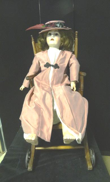 Large Bisque Doll Simon & Halbig: Large Simon & Halbig 36" #90, body has crack, neck, legs hair (old was glued), open mouth, open/close eyes, lovely redressed w/hat, goes with AK high chair into rocker she fits 42" x 15"