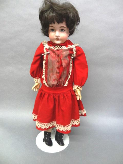 Bisque Doll Kestner: Kestner # 164 bisque doll 26", child doll, socket head, composition body, new wig, open/close eyes, redressed has wear, open mouth head seems good, repaired on neck
