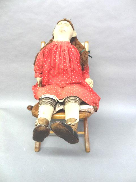 Wooden Folding Chair and Vintage Rag Doll: Rag doll 27", all hand stitched face cloth body, vintage dress, early high button shoes