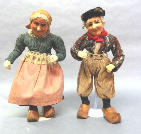 Pair Dutch Cloth Dolls: Mama & Papa Dutch cloth dolls, no shoes, hand painted faces, unmarked, vintage clothing, cloth bodies, faces as is they have age 18" wooden shoes