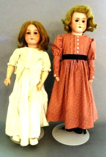 Two Bisque Dolls: Germany B 3 22" open/close eyes, composition body, open mouth, good, old wig, redressed, 22" unmarked bisque doll should, open mouth, open/close eyes, old wig, redressed, both lovely faces