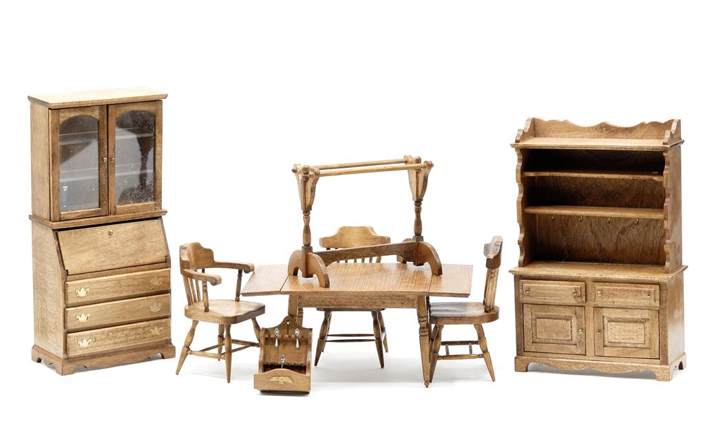 Dave Harvey Dollhouse Dining Room Furniture: Nice group of artisan Dave Harvey cherry dining room furniture, secretary desk 7"H, step back china cabinet 6.25"H, 4"W, drop leaf table 5.5"W opened, three Windsor chairs, quilt stand 3.25"W and a sp
