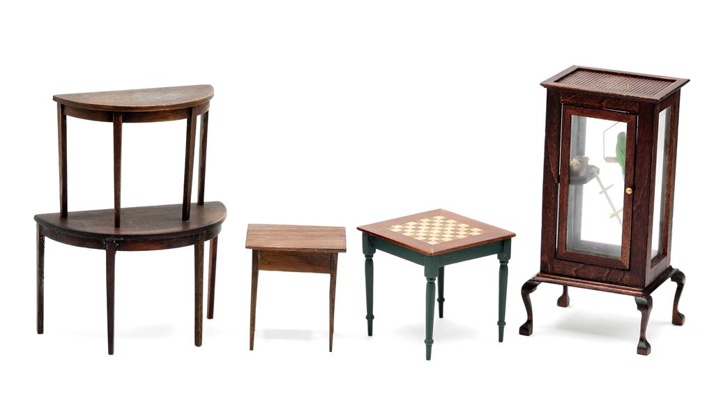 Assorted Artisan Dollhouse Furniture: WSD mahogany aviary with a swinging parrot 5.25"H, mahogany Hepplewhite style side table 2"W with illegible signature, two unsigned Demilune table with a nicely applied finish 3.5"W and 4"W, unsigned 