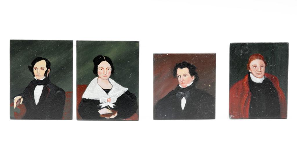 Four Jan Kern Dollhouse Folk Portraits: Four Jan Kern oil on wood folk paintings, smallest 2" by 2.25"