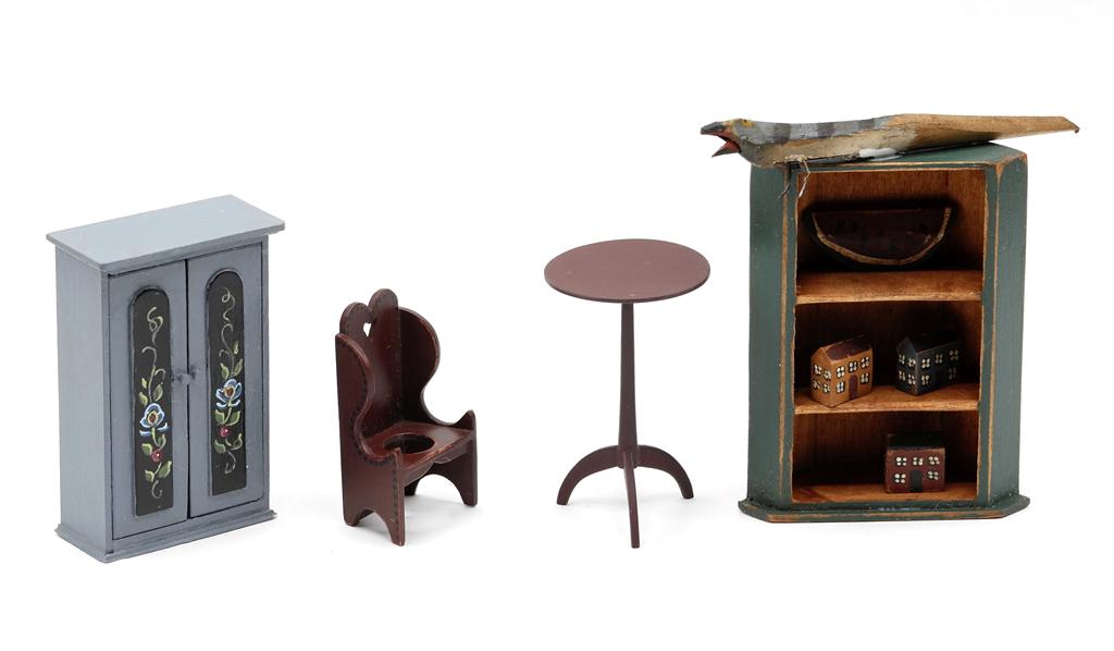 Assorted Artisan Dollhouse Furniture: Barely Big Enough painted corner wall shelf with painted houses, watermelon and mechanical bird with moving mouth 2.5"H, 3 1/8"H, Jan Kern painted two door cabinet 2.75"H, LHR painted Shaker style can