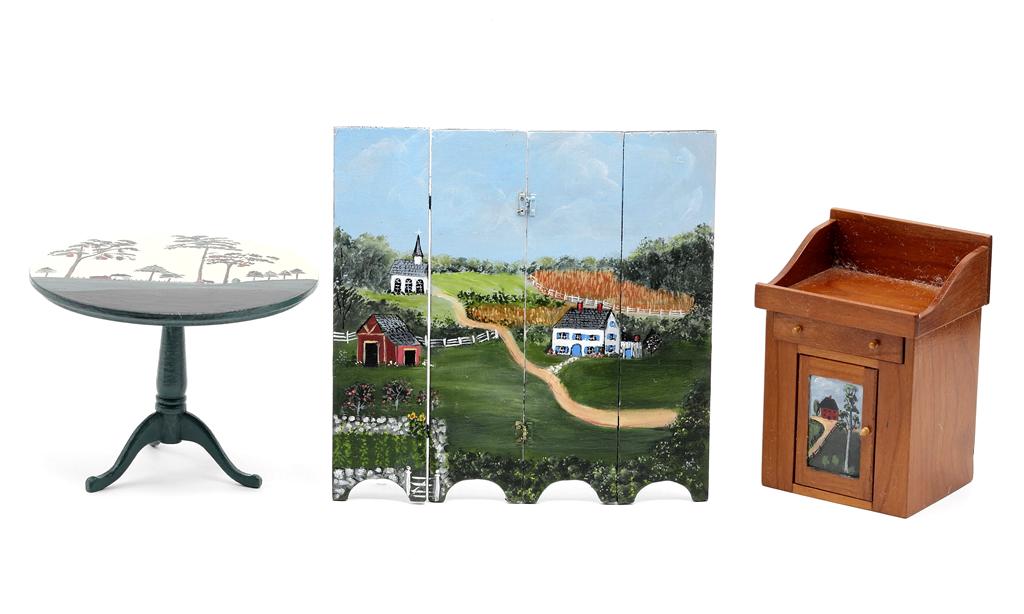 Jan Kern Dollhouse Painted Furniture: Jan Kern hand painted four section wood screen 4.5" square, Don Cnossen cherry dry sink with painted door by Jan Kern 2.25"W, 3.25"H, round table 3.5"D, 2.5"H