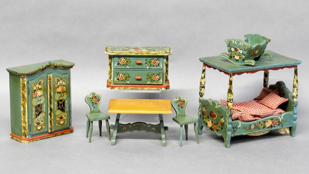 Vintage Dollhouse Painted Furniture: Vintage Northern European painted dollhouse furniture, four post bed with solid canopy 7.75"L, 4.75"W, 7"H, armoire 6"W, dresser 6"W, cradle, trestle table 5.5"W with two chairs