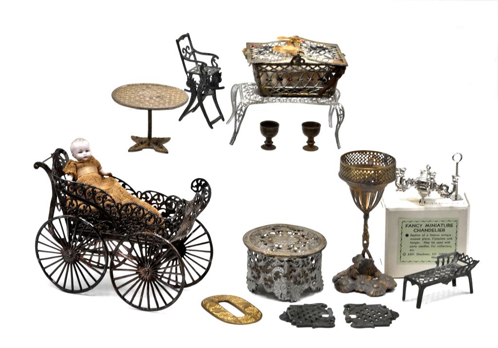 Vintage Dollhouse Cast Metal Furniture: Antique art nouveau urn on stand with traces of gilding 4.25"H, vintage soft metal picnic basket 3"L with losses, round trinket box 2.75"D with repaired hinge, soft metal table, high chair, lounge cha