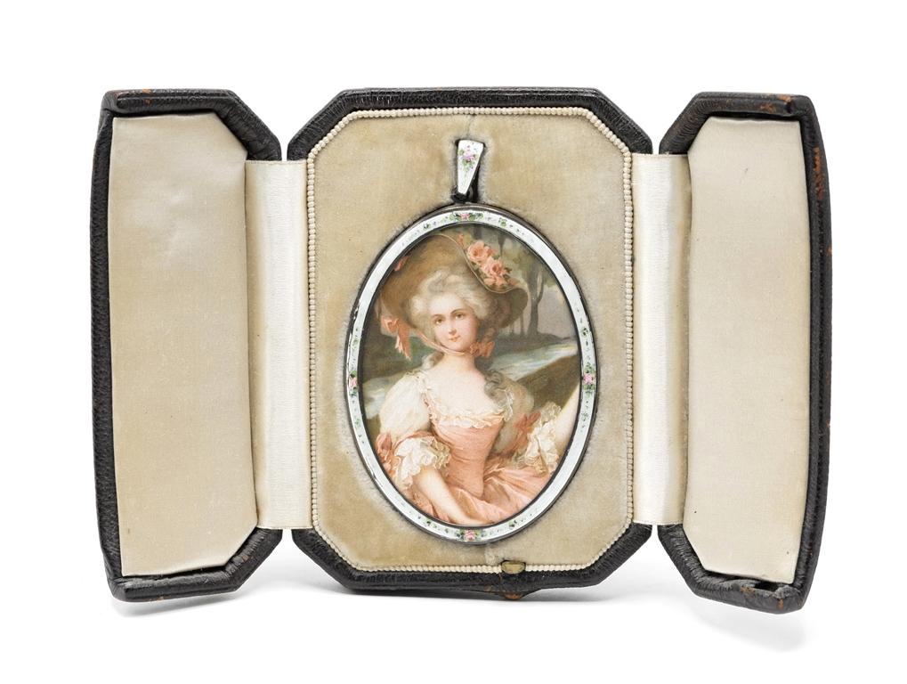 Antique Sterling Miniature Frame In Case: Antique sterling silver oval miniature frame with hand painted enamel floral decoration containing a print 2.25" by 3" excluding hanging loop, house in original leather with gold gilt easel back case