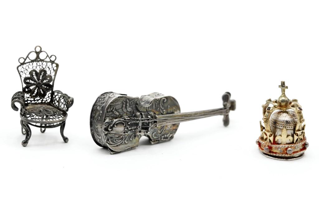 Sterling Dollhouse Accessories: Vintage sterling silver violin pill box with gilt interior, repouse decorated with cherubs, scrollwork and dog, continental hallmarks 3.25"L, antique unmarked silver armchair 1.75"H, English sterling 