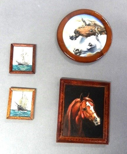 Four Susan Bullock Dollhouse Oil Paintings: Susan Bullock round oil painting of horses 2.75"D, portrait of a stallion 2 3/8" by 2 7/8", pair of ship paintings 1 1/8" by 1 3/8"