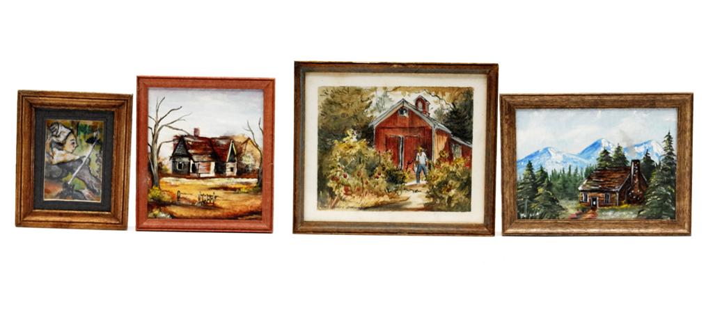 Four Original Dollhouse Artisan Paintings: Mary Sanders watercolor of English garden and barn 2.75" by 3.25", Jay Davidson oil painting of cottage 2.25" by 2.5", Jay Davidson house nestled in the mountains 2.25" by 3", Breton Lady after Paul G