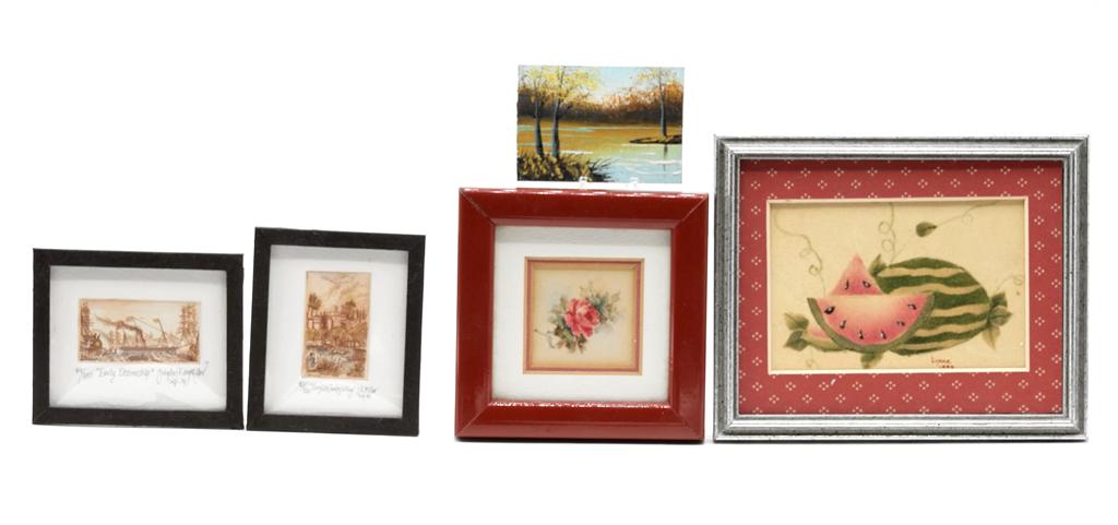 Assorted Dollhouse Artisan Paintings: Hand painted still life of fruit signed Lynne 1993 housed in silver wood frame 4.5" by 5.5", floral watercolor signed Monk housed in a wood red frame 3.75" square, unsigned oil on wood panel lake scen