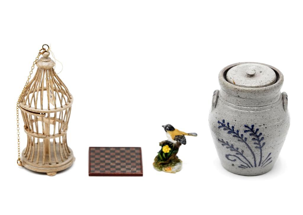 Assorted Artisan Dollhouse Accessories: David Krupick Coke bottle shaped birdcage 2.5"H, Renee Bowen painted wood checkerboard 1" square, nicely made stoneware crock with lid having cobalt decoration, signed with an impressed flower 1.75"H,