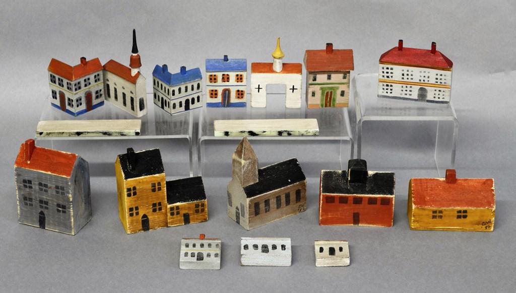 Group of Hand Painted Small Wood Buildings: Nice selection of hand painted wood buildings, church 4"H, a few signed C.W.