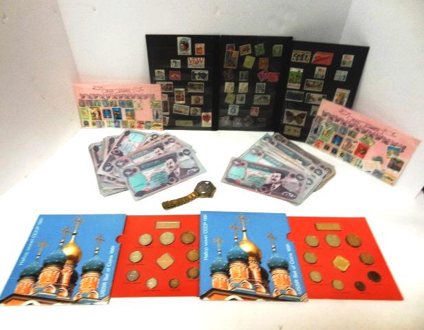 Foreign Stamps , Watch: 100 Saddam Hussan 250 Iraq, Two set 1991 Soviet Coins, us Stamps and Foreign Stamps, Soviet Watch