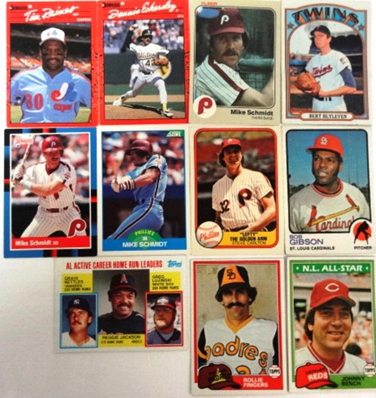 Baseball Cards: Topps, Donruss, Fleer, Score 70's, 80's HOF's -Tim Raines, Denn Eckersley, Mike Schmidt, Bert Blyleven, Steve Carlton, Rollie Fingers, Johnny Bench, Bob Gibson, Reggie Jackson