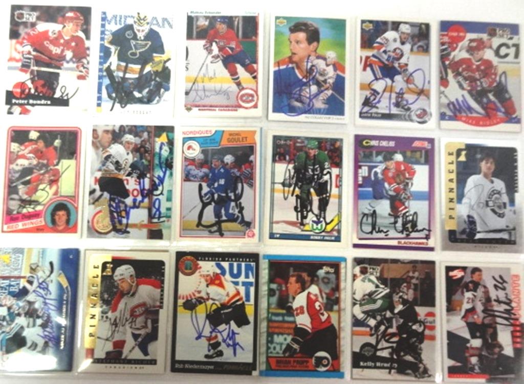 Hockey Cards: Upper Deck, Topps, Score, O-Pee-Chee, Pinnacle, autographed by players, HOF Brett Hull, Chris Chelios, Michel Goulet