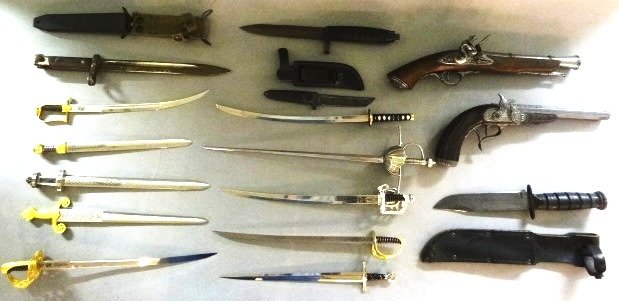 Mini Swords, Knives ,etc.: Two Replica Gun 1807, 1830, 10 Mini Swords, US , German, Knives, Bayonets end 10 to 14" Three Knifes