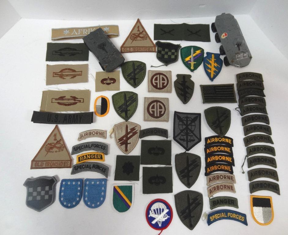 Military Patches and Toy tanks: Large group of Military Patches and Toy Tanks 2 1/2"- 6 1/2"