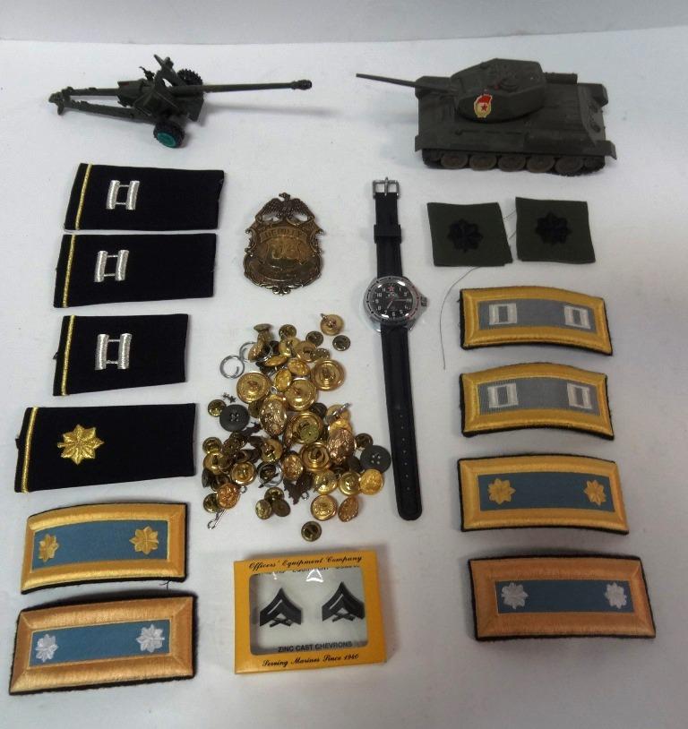 Pins, Watch, Shoulder boards: Soviet Watch, Shoulderbord, Die Cast Tank, Badge, 3"l, 3" t, 8" l