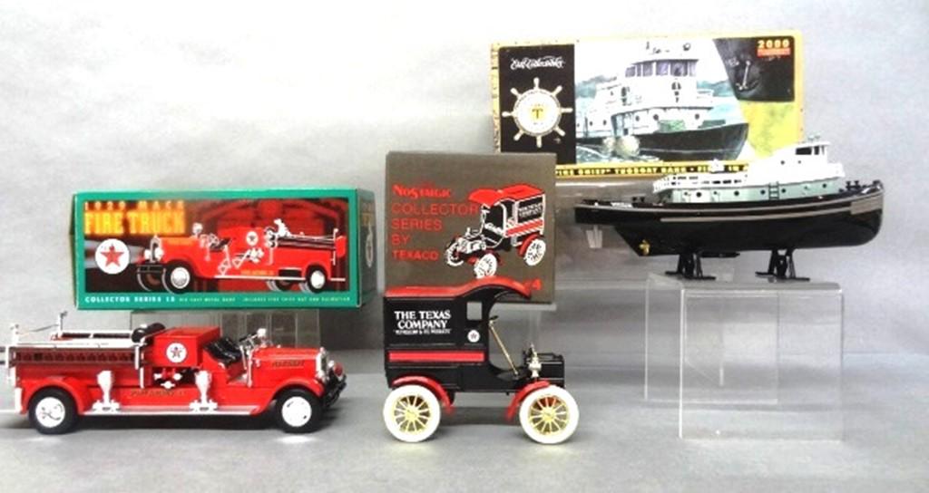 Texaco Fire Truck, Tugboat, Delivery Car Banks in O/B: Three Ertl die cast vehicles -1929 fire truck series 15, 1905 Ford delivery car series 4, "Fire Chief" tugboat series 2