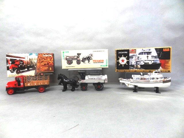Three Texaco Banks, Trucks and Tugboat, Horse and: Texaco Ertl die cast 1918 Mack AC Bulldog flatbed truck, Horse & tanker Buhl series 8, Fire Chief tugboat 1st in series, 10" x 5" x 4"