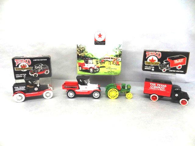 Texaco Truck and Car Banks and Tractor Car Set w/O/B: Texaco Ertl die cast 1918 Ford Runabout 6 in series, 1925 Mack Bulldog Lubricant Truck 5 in series, Texaco Country Club Set die cast 1918 Ford pick-up & John Deere Waterloo Boy tractor 8" x 8" x 4"