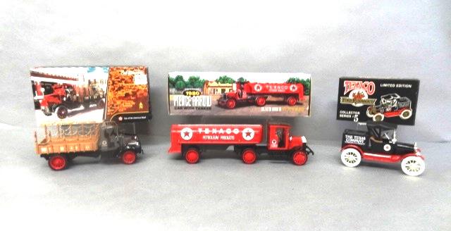 Texaco Truck Banks in O/B: Texaco Ertl die cast 1918 Ford Runabout series 5, 1920 Pierce Arrow cab w/tanker series 16, 1918 Mack AC Bulldog flatbed truck 12" x 4" x 3"