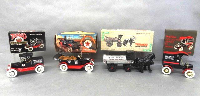Texaco Cars, Horse and Tanker Banks in O/B: Texaco Ertl die cast 1917 Maxwell Touring car series 14, 1918 Ford Runabout series 5, 1905 Ford delivery car series 4, Horse & tanker 10" x 4" x 3"