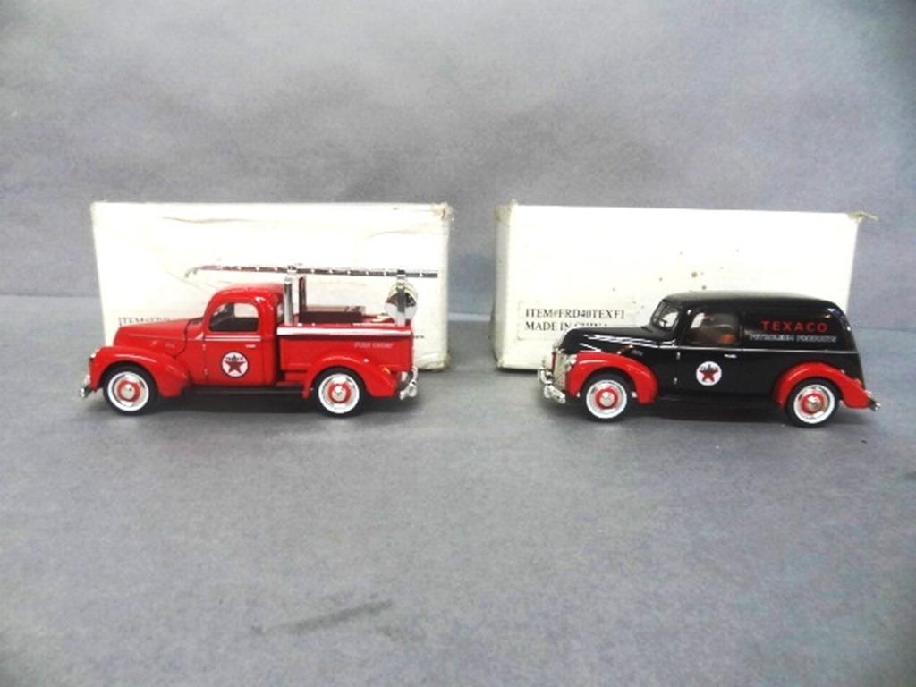 Texaco Trucks in O/B: Forties Ford Collection, gold wheel die cast, fire chief truck, Petroleum Products truck 7" x 3" x 2 1/2"