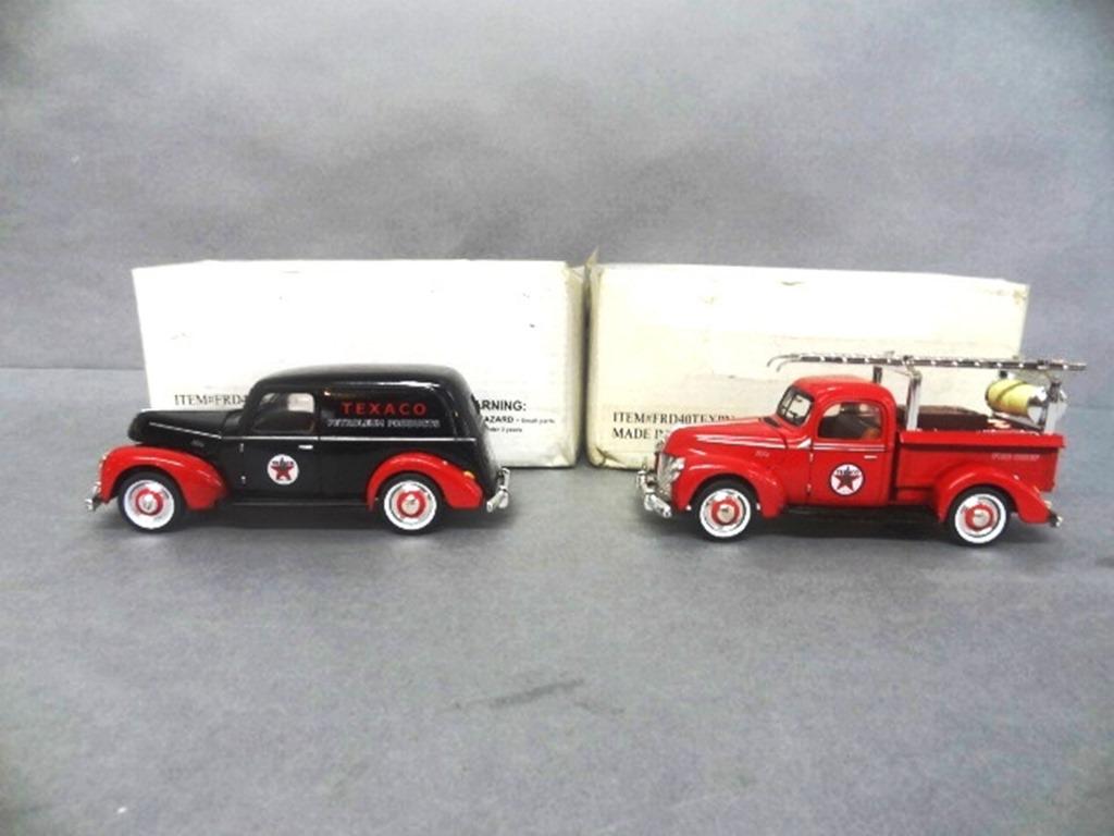 Texaco Trucks in O/B: Forties Ford Collection, gold wheel die cast, fire chief truck, Petroleum Products truck 7" x 3" x 2 1/2"