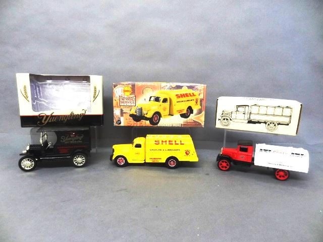 Truck Banks: First Gear die cast Shell delivery truck, Ertl die cast delivery Runabout car, 1931 Hawkeye tanker 9 1/2" x 4 1/2" x 4"