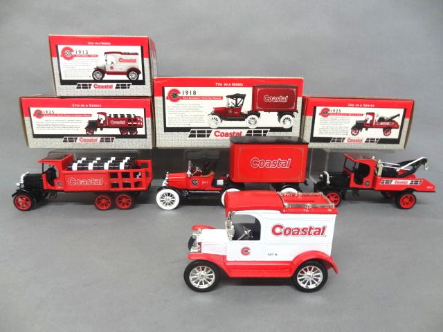 Coastal Truck Banks in O/B: Ertl Coastal die cast 1918 Ford Runabout tractor trailer series 2, 1925 Kenworth wrecker series 3, 1925 Kenworth stake body series 5, 1912 Ford Model T series 6, 10" x 5" x 3"