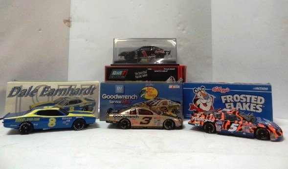 NASCAR Die Cast Cars in O/B: Revell 1998 Coca-Cola, Dale Earnhardt # 8 1975 Dodge Bank, #3 Bass Pro Shops, #5 Kellogg's 11 1/2" x 7" x 5"