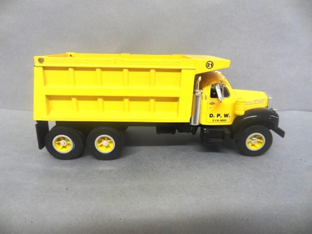 Die Cast Mack Truck: First Gear 1960 Model B-61 Mack 10 wheel dump, "D.P.W" 9" x 4" x 4"