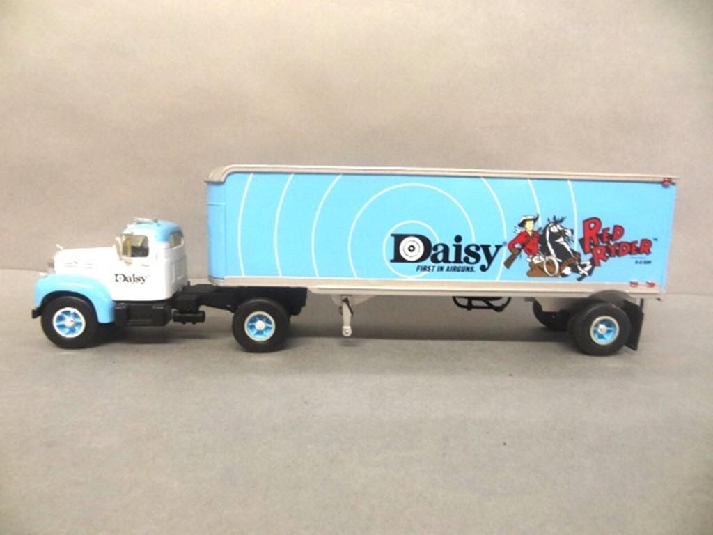 Die Cast Mack Truck: First Gear Mack B-61 model tractor trailer "Daisy Red Ryder", 14" x 3 1/2" x 3"