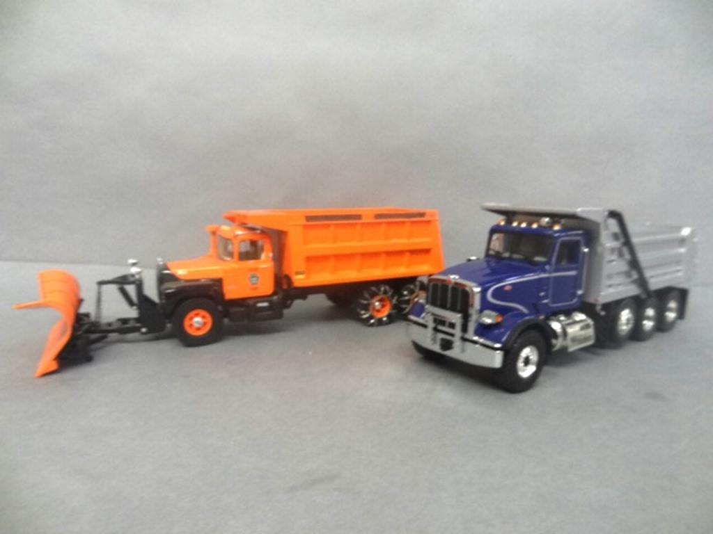 Die Cast Mack, Peterbilt Trucks: First Gear R-600 Mack 10 wheel dump & plow, First Gear Peterbilt tri-axle dump, 12" x 4" x 4"