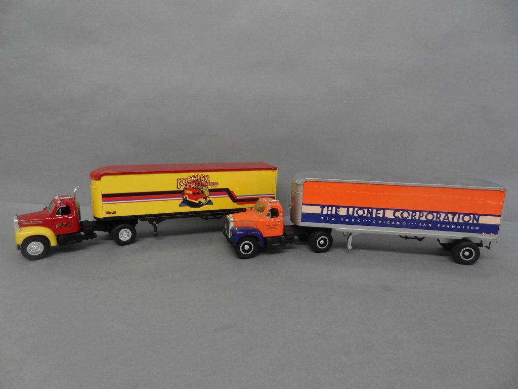 Die Cast Tractor Trailers: First Gear tractor trailer "Lionel Corp", also 1st Gear "Nostalgic Toy Creations", bot B-61 model Macks, mirrors off of 1 and mud flap missing, 15" x 4" x 4"